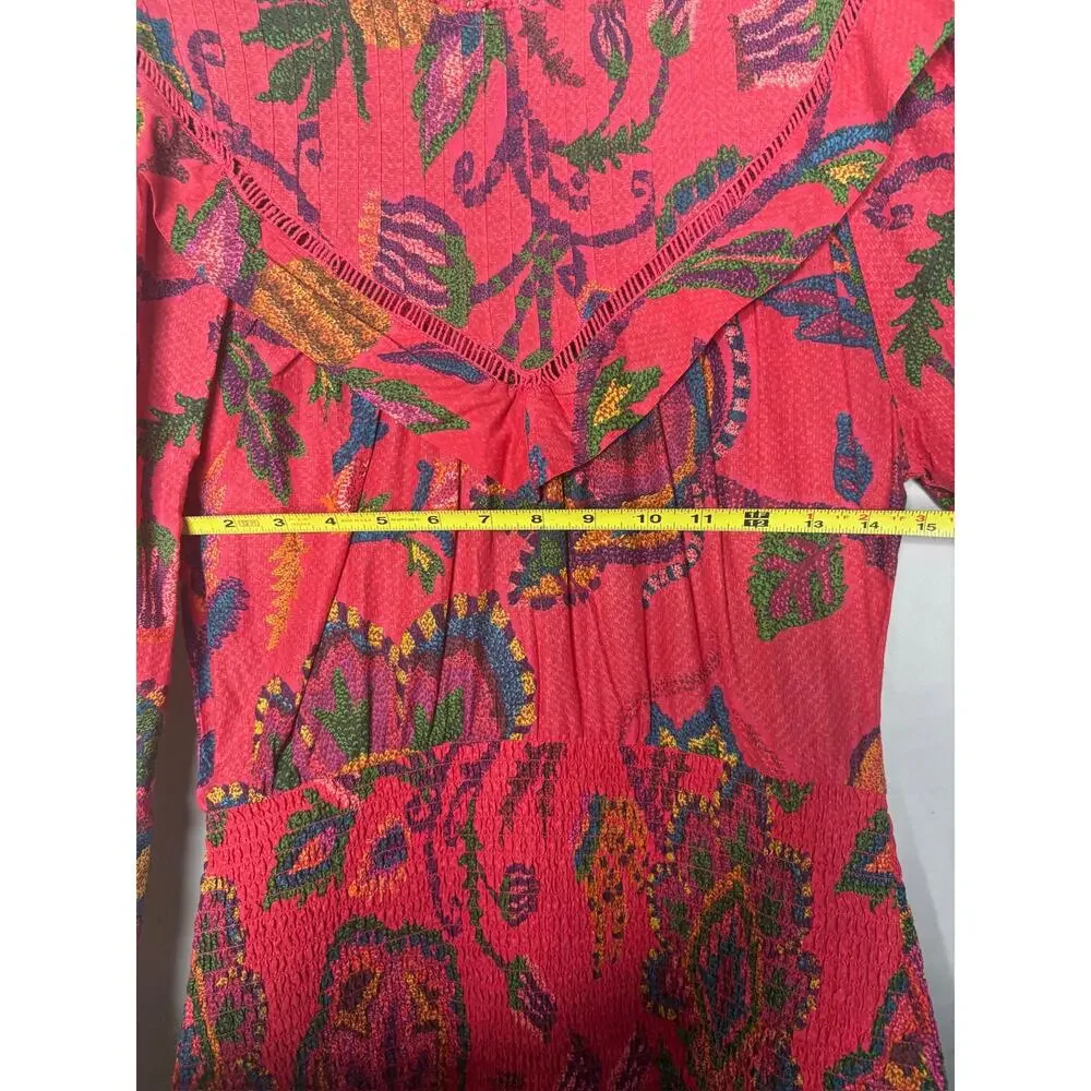 FARM Rio Mini Dress S Blush Sunset Tapestry Tropical Smocked Ruffle Summer Party - Picture 5 of 5